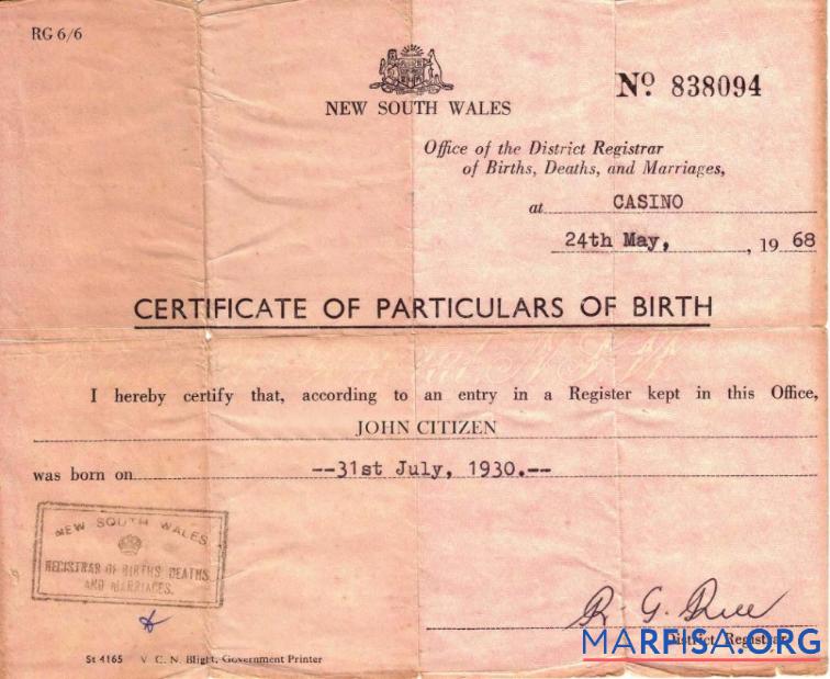 Downloadable New South Wales Office of the District Registrar birth certificate sample